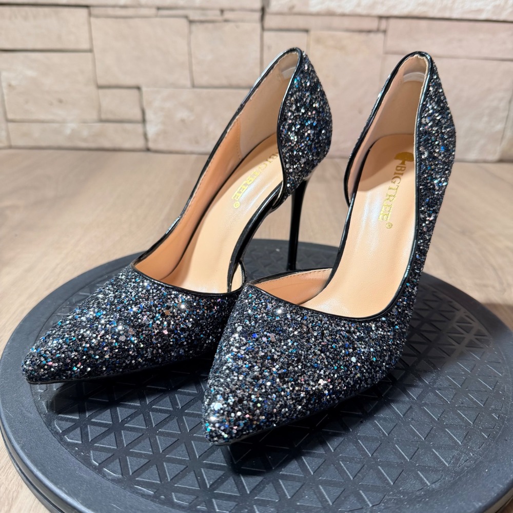 Bigtree Womens 37 Glitter Pointed‎ Toe d'Orsay Stiletto Pumps Y2K Vibes